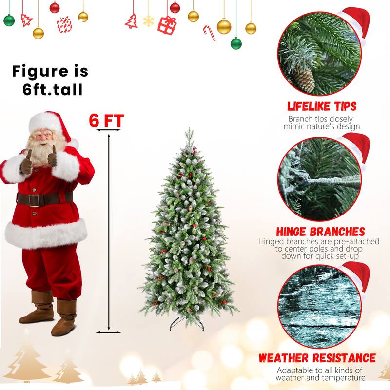 6ft Pre-Lit Christmas Tree with 380 LED Lights, 1264 Tips, Frosted Greenery with Red Berries & Natural Pinecones, Metal Stand