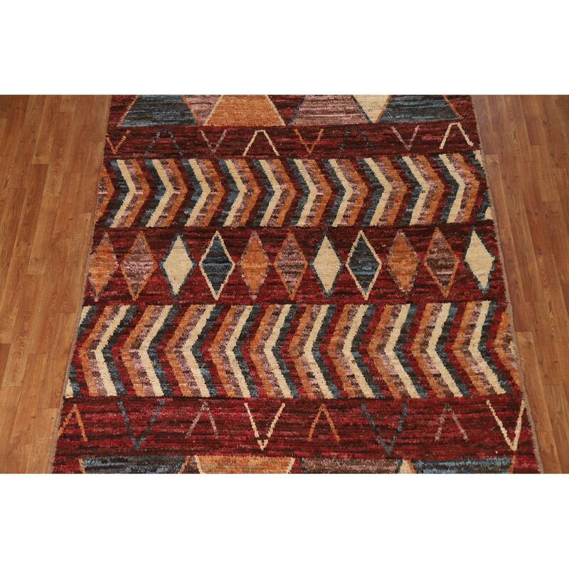 Hand Knotted Oriental 100% Wool Carpet Modern Tribal Red Moroccan Area Rug - 9' 11'' X 6' 4''