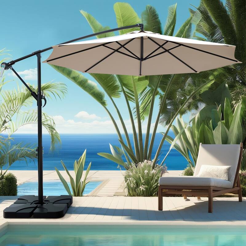 9.8ft Patio Offset Umbrella Cantilever Umbrella with Crank & Cross Bases - White