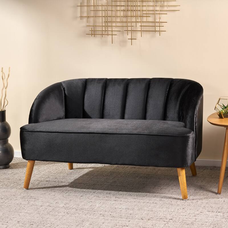 Classic Shell-Backed Loveseat with Wooden Legs - Black