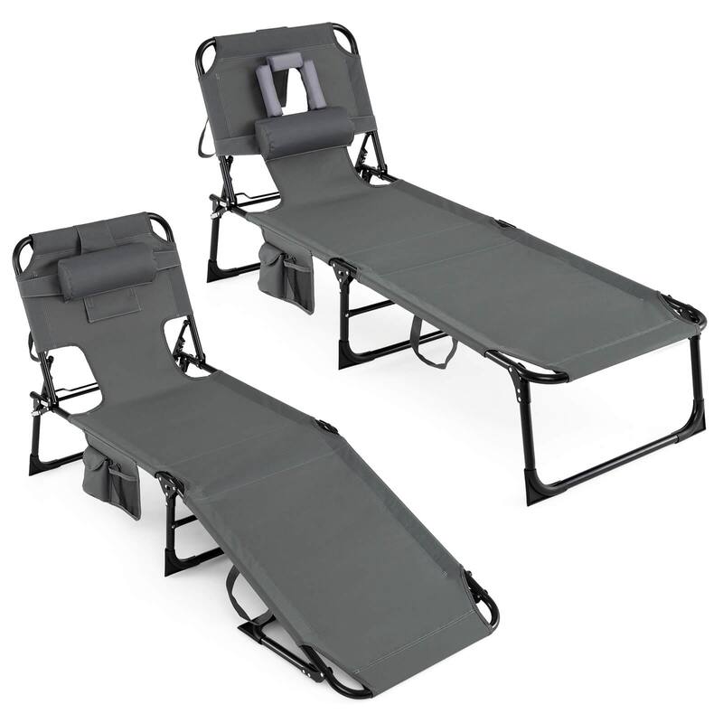 Gymax 2PCS Tanning Chair Portable Chaise Lounge Chair w/4-Position - Grey