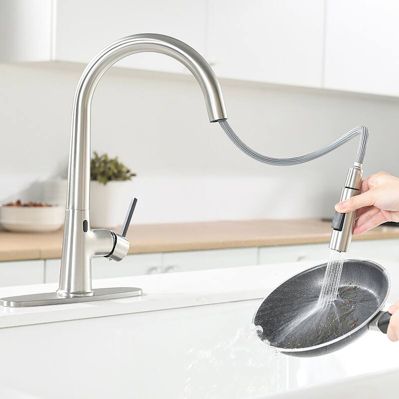 Brushed Nickel Touchless Pull-Out Single-Handle Kitchen Faucet with Deck Plate