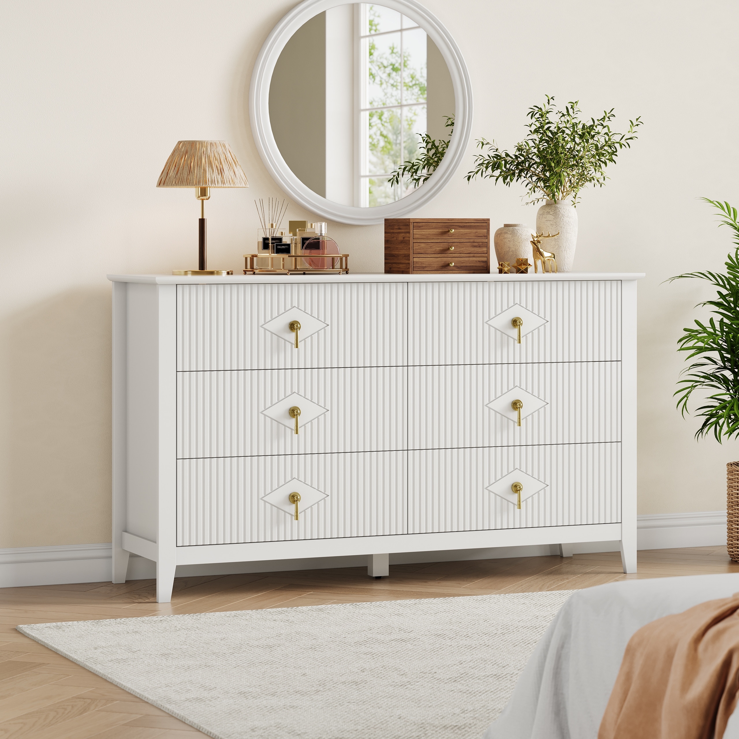 54" Wide Fluted 6-Drawer Wood Dresser, Metal Handles, for Bedroom Living Room Hallway Entryway, Easy Assembly