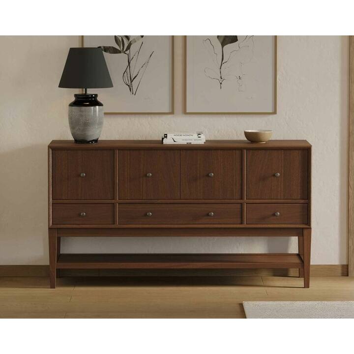 Mid-Century Modern Wood Sideboard, Fully Assembled, Brown - 66"w x 36"h x 18.5"d - Brown