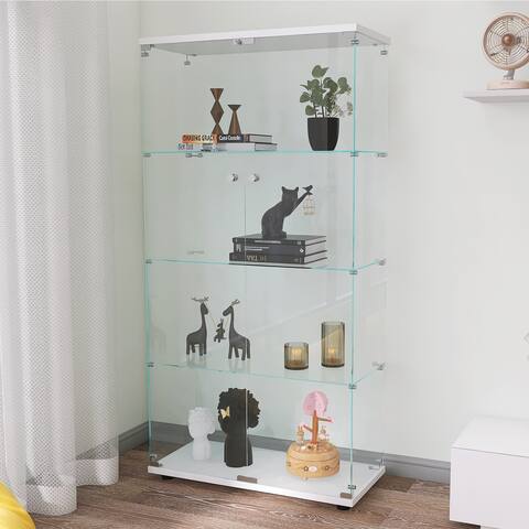 White Glass Display Cabinet Standing Curio Bookshelf for Living Room ,Office