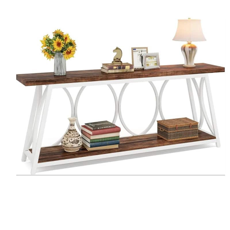 Particle Board Console Table Metal Frame with Shelf - 70.87” L x 11.81” W x 31.5” H - Brown-White