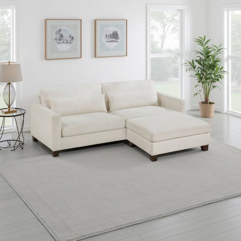 Bior Accent Ottoman, Ivory Fabric Upholstery, Solid Wood Legs, 41 Inch