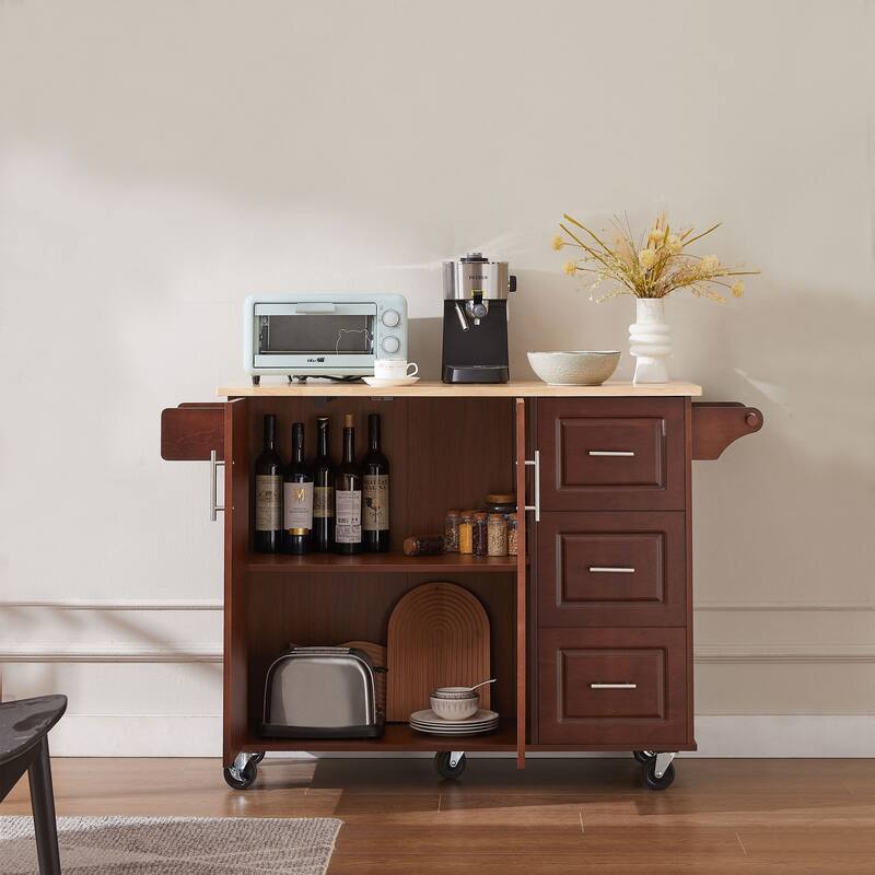Rolling Kitchen Cart with 3 Drawers, Shelves, and Locking Casters - Multipurpose Bar Cart and Coffee Station - Brown