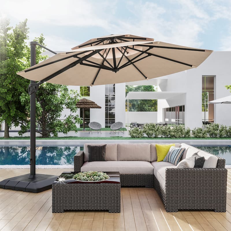BONOSUKI 11Ft Double Top Aluminum Cantilever Patio Umbrella with Base for Patio Deck Garden, Red - Beige