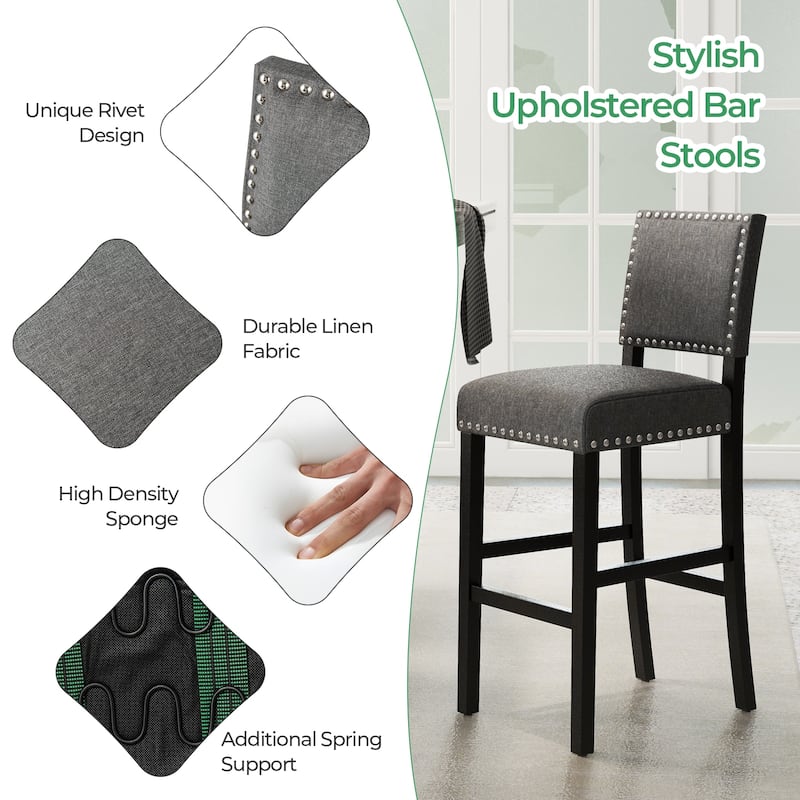 Set of 2 Counter Height Bar Stools with Footrest and Rubber Wood Frame Comfortable Seating