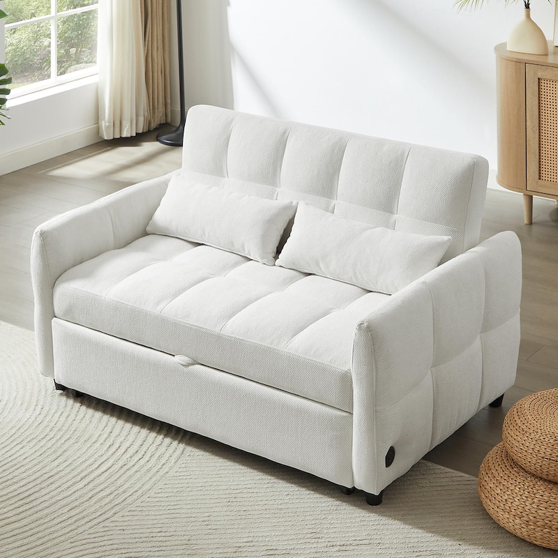 52.8" Convertible Loveseat Sofa Bed with Adjustable Backrest, USB Ports, Tufted Design, Chenille Upholstery, Beige
