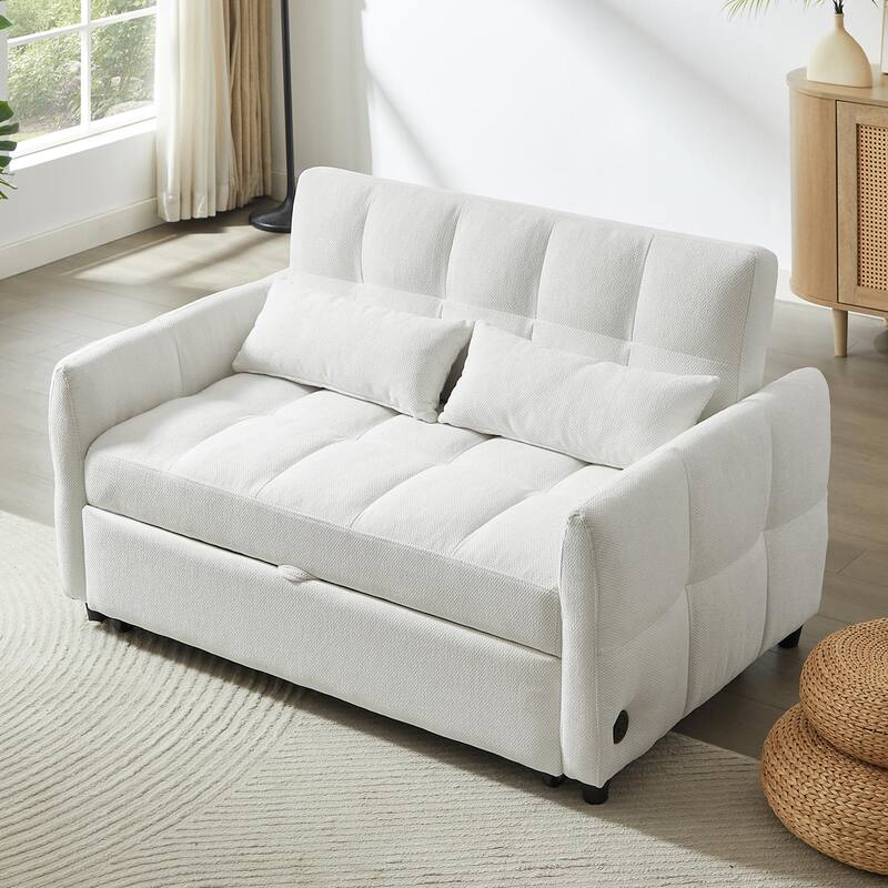Chenille Loveseat Sofa Pull-out Sofa Bed, Upholstered Futon Sofa Adjustable Backrest Lounge Couch w3 USB Ports & 2 Pillows
