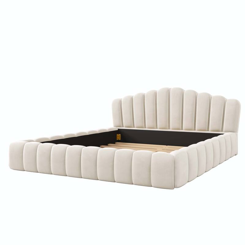 Velvet Upholstered Floor Bed Frame Shell-Shaped Headboard