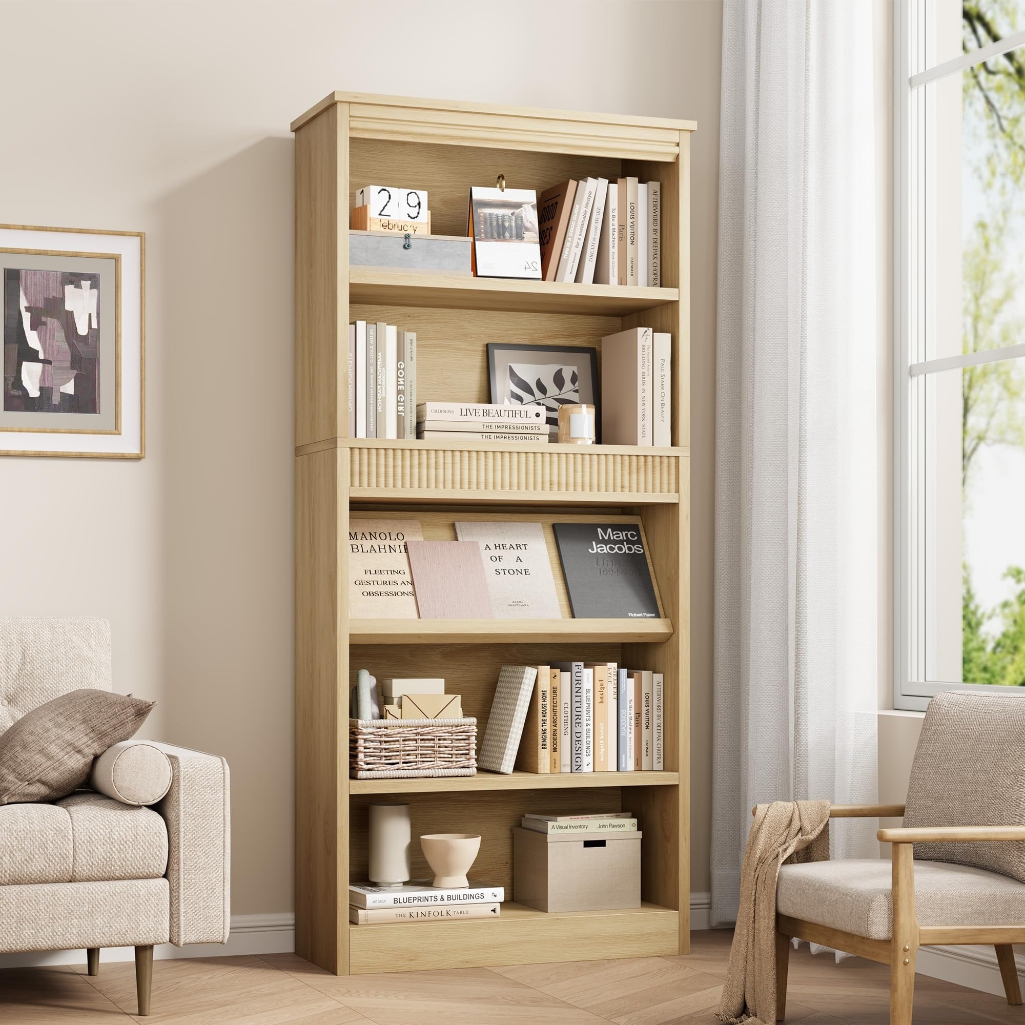 71" Farmhouse Bookcase, 5 Tier Tall Bookshelf with Wooden Base