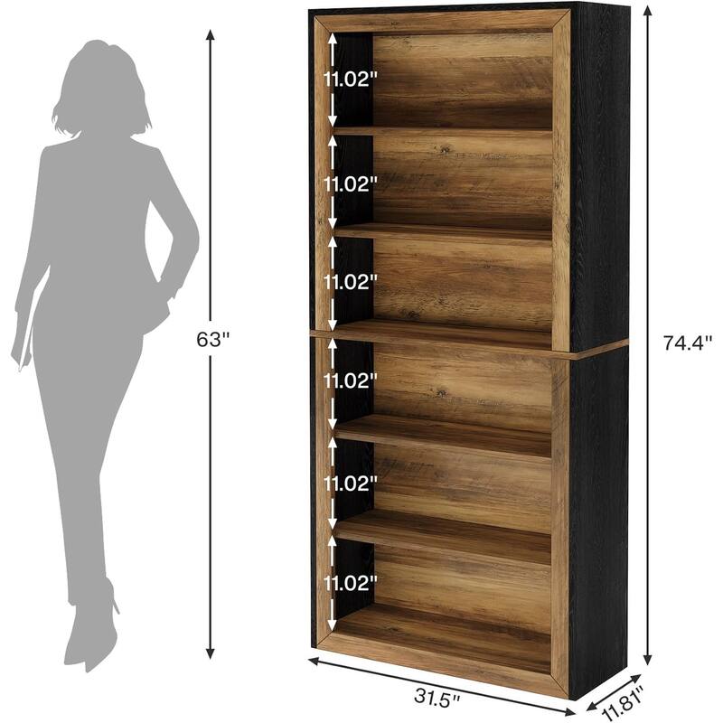 6-Tier Bookcase Tall Open Display Shelves Wood Storage Bookshelf for Living Room Office Bedroom