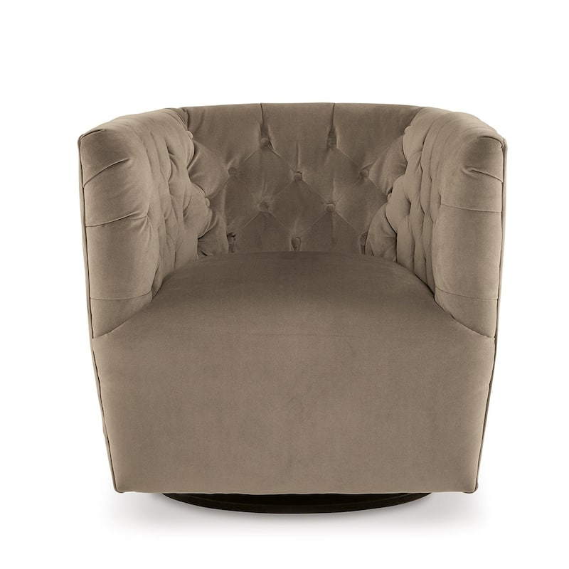 Heena Swivel Accent Chair, Brown Polyester, Tufted Barrel Back, Black Metal