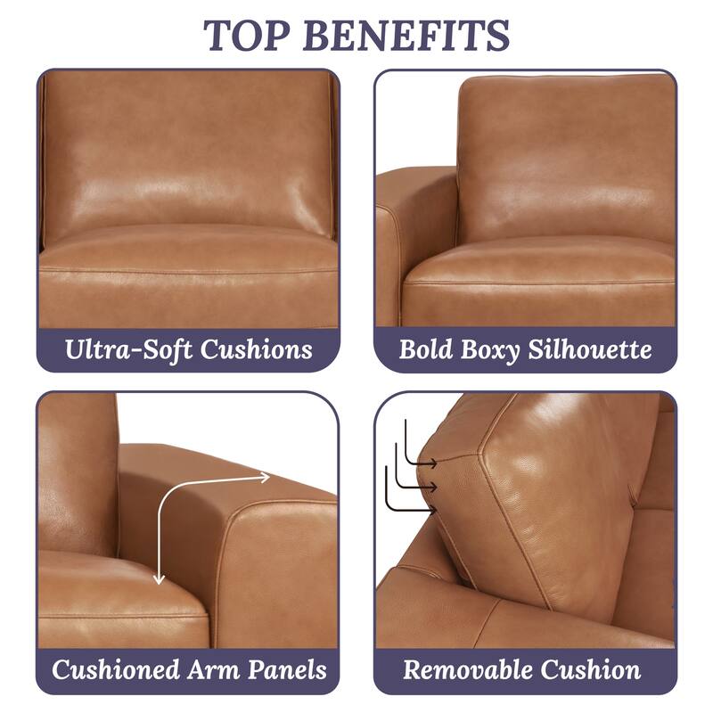 Genuine leather sofa & loveseat with feather cushions, square arms, sturdy & stylish.
