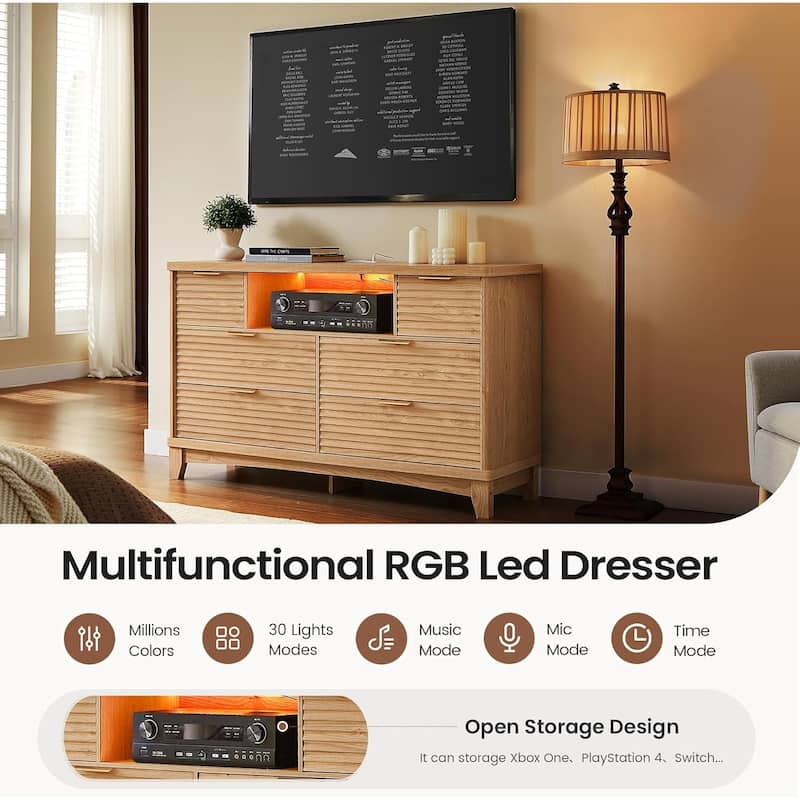 Wooden Drawers Dresser with Charging Station Dresser for Bedroom Chest of Drawers