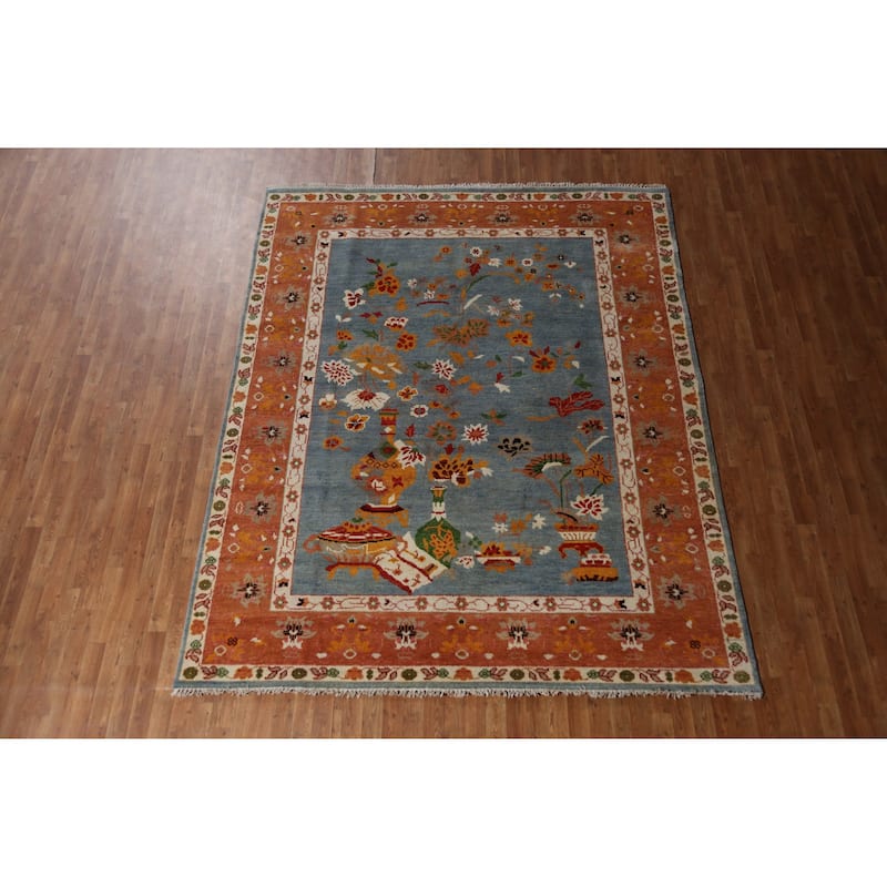 Hand Knotted Oriental 100% Wool Carpet Traditional Floral Navy Blue & Blues Art Deco Area Rug - 9' 9'' X 7' 10''