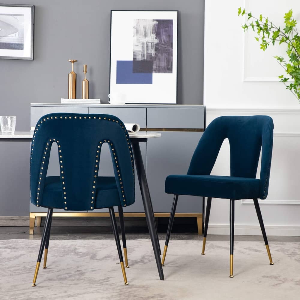 Modern Velvet Upholstered Dining Chair with Nailheads & Metal Legs - Black Set of 2