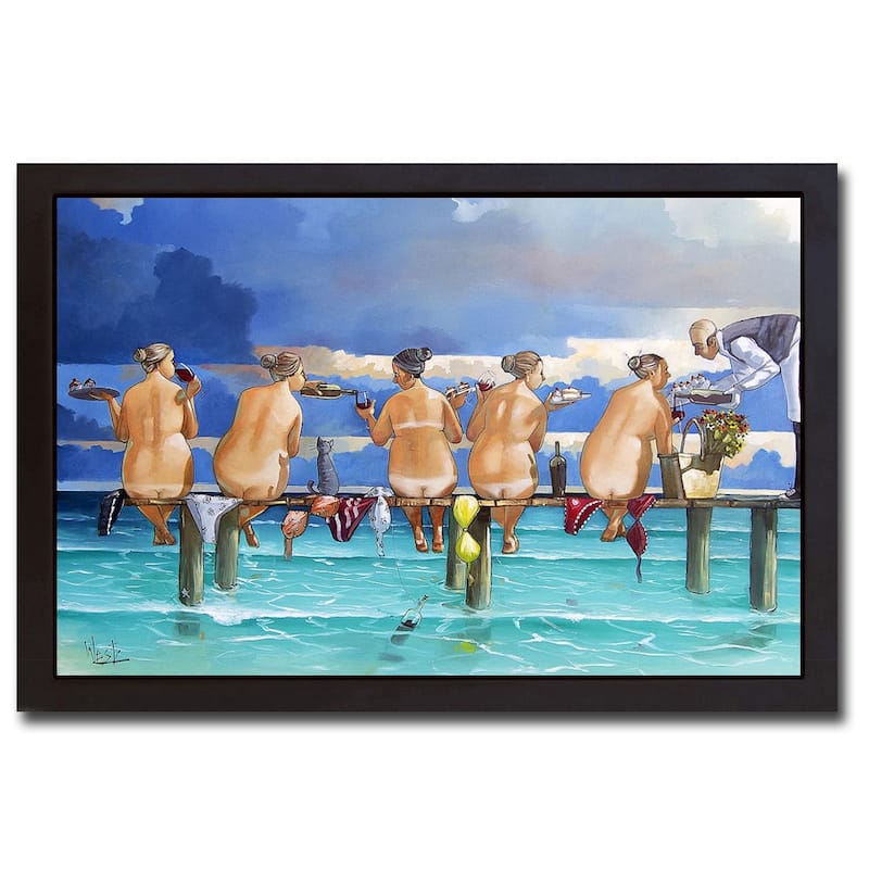 Wine on the Jetty by Ronald West Black Floater Framed Canvas Art (17 in x 26 in)