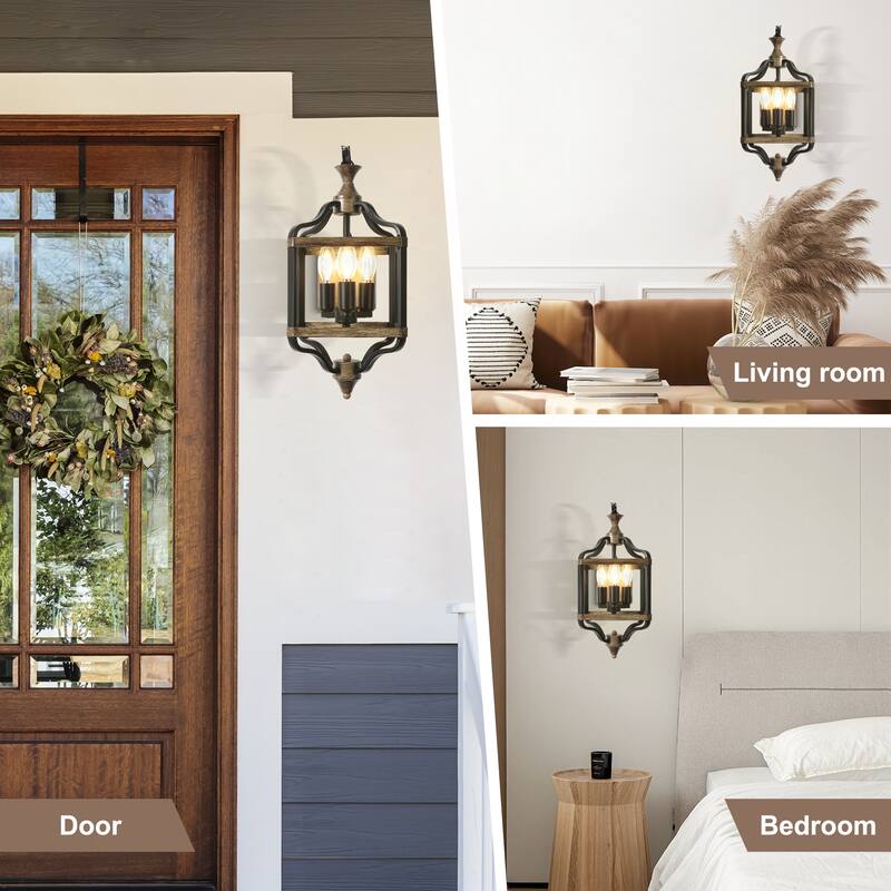 CurveCurio 17" Antique Matte Black Wall Light Metal Farme and Solid Wood Shade, 3 Light Wall Sconces - 12"*8"*17"