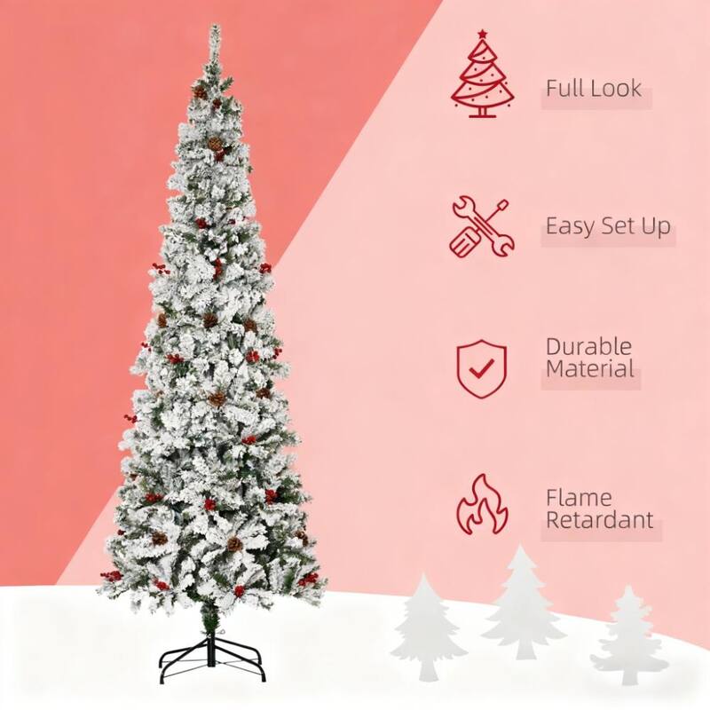 Snow Flocked Pencil Artificial Tree - Realistic Pine Branches, Pine Cones, Red Berries, Auto Open - Green,White