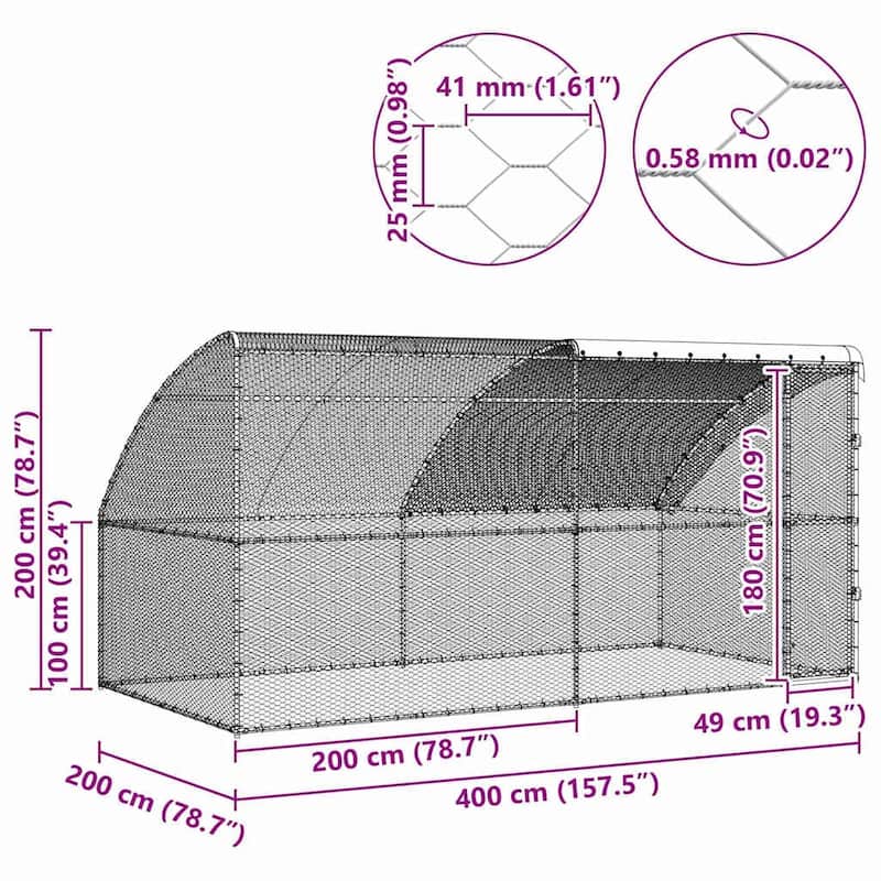 vidaXL Chicken Cage Silver 400/600/800 x 200 x 198.5 cm Galvanized steel