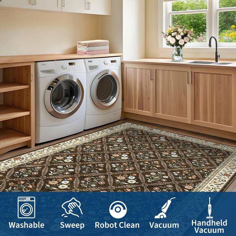 Floral Area Rugs for Living Room Bedroom Soft Farmhouse Washable Rug Non-Slip Low Pile Accent Carpet