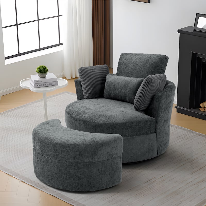 Upholstered Swivel Accent Chair with Wooden Tray Storage Ottoman