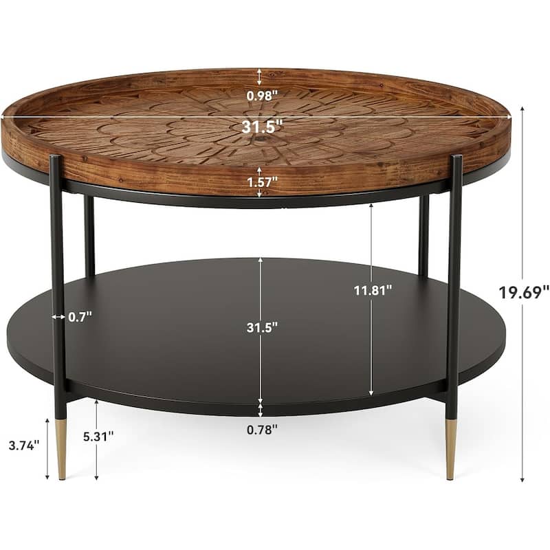 31.5-Inch Boho Solid Wood Round Coffee Table with Metal Storage Frame & Carved Floral Pattern for Small Spaces, Apartment