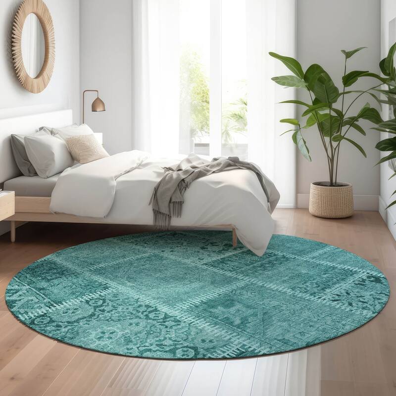 Premium Washable Super Soft Vintage Patchwork Mayfield Rug - Turquoise - 8' x 8' - Round