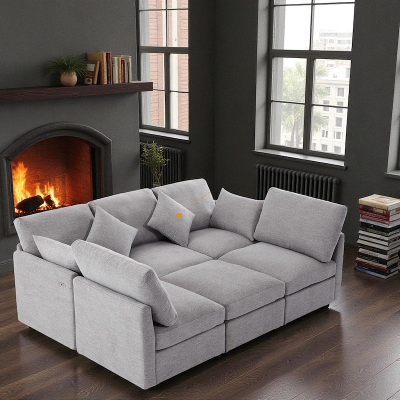 86.6" Modular Sectional Sofa with Ottoman and USB Ports, U-Shaped L-Shape Couch Bed with Chenille Fabric for Living Room