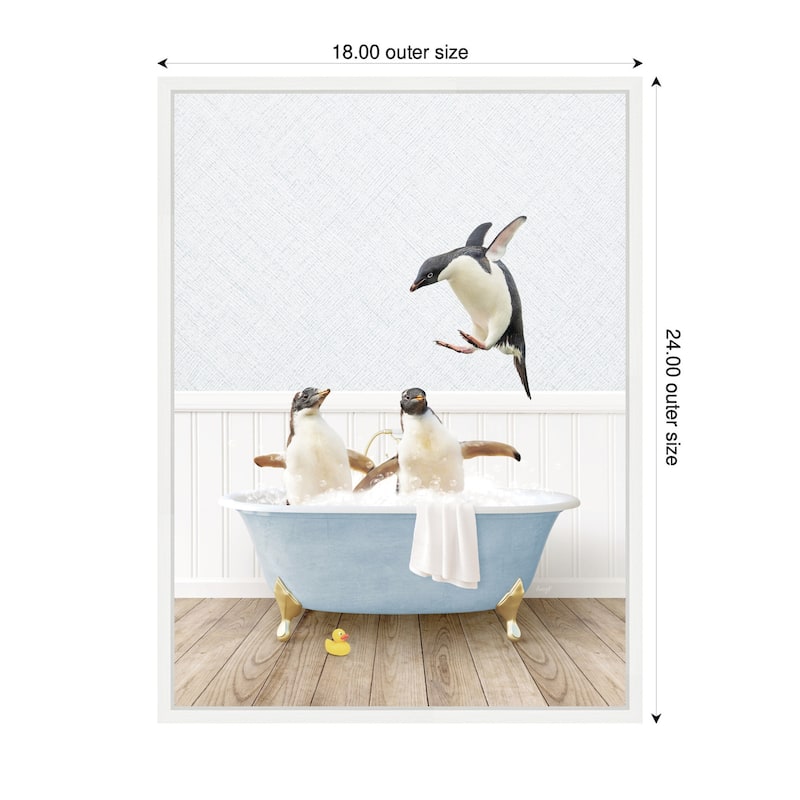 Kate and Laurel Sylvie Penguins in Cottage Blue Bathtub Framed Canvas by Amy Peterson