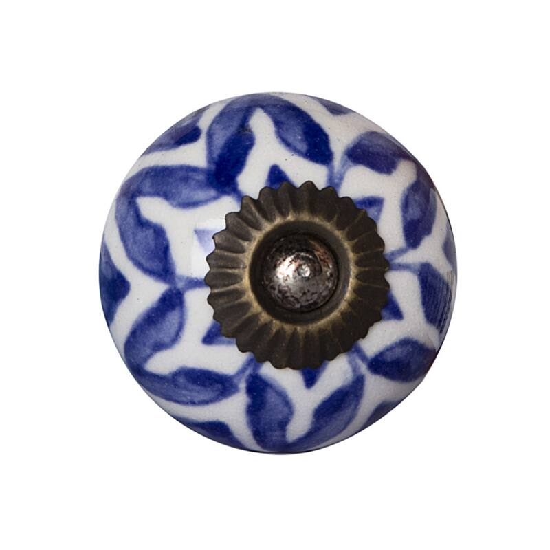 Set of 8 Blue White Round Ceramic Drawer Pull Knobs with Backplate for Traditional Botanical Furniture - 1.5” x 1.5” x 1.5”