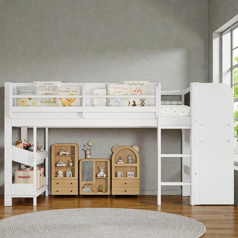 Low Loft Bed with Desk, Storage Bookcases, Drawers & Boxes, Solid Wood Kids Loft Bed with Blackboard Shelf