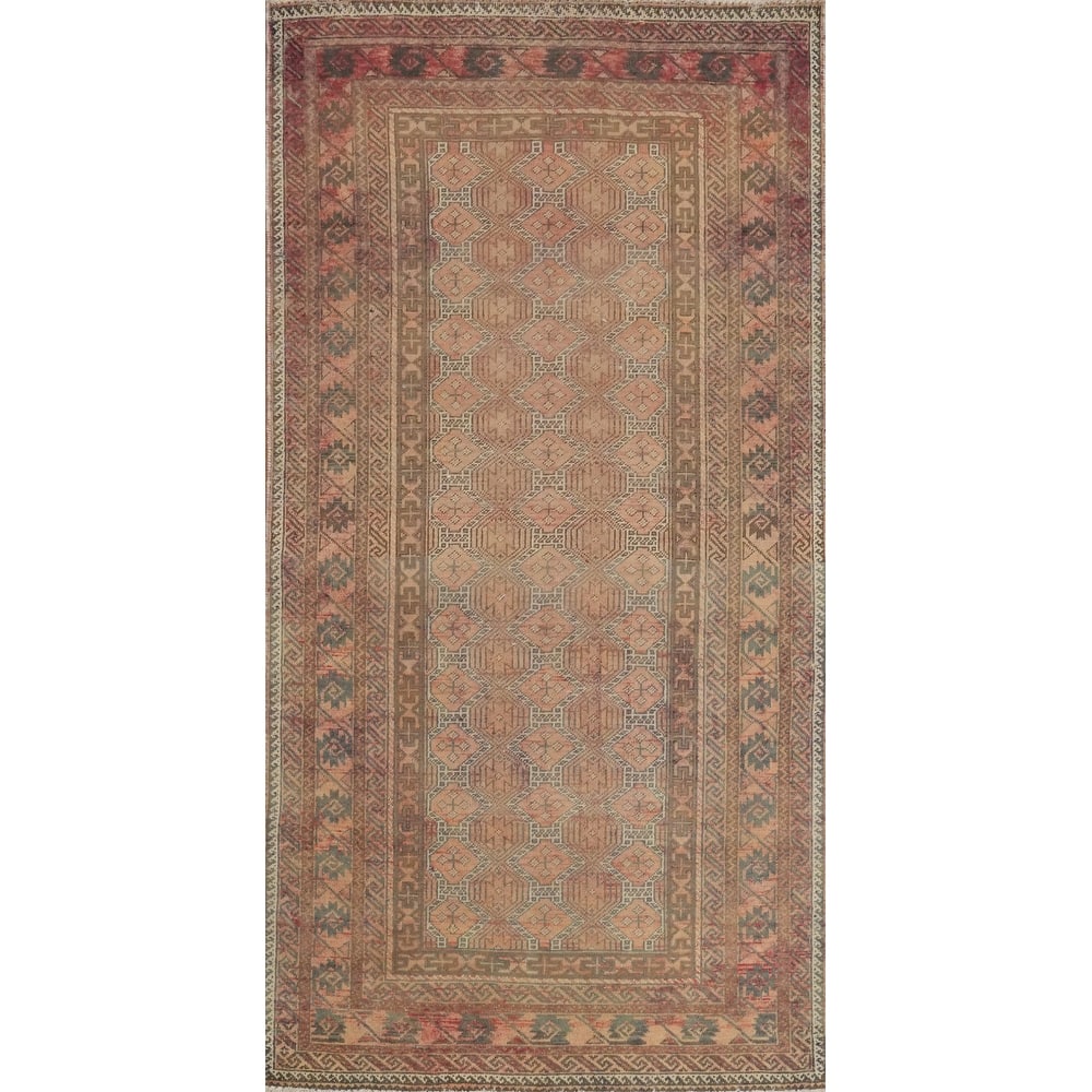 Hand Knotted Oriental 100% Wool Carpet Traditional Geometric Oranges & Rust Balouch Runner Rug - 6' 9'' X 3' 5''