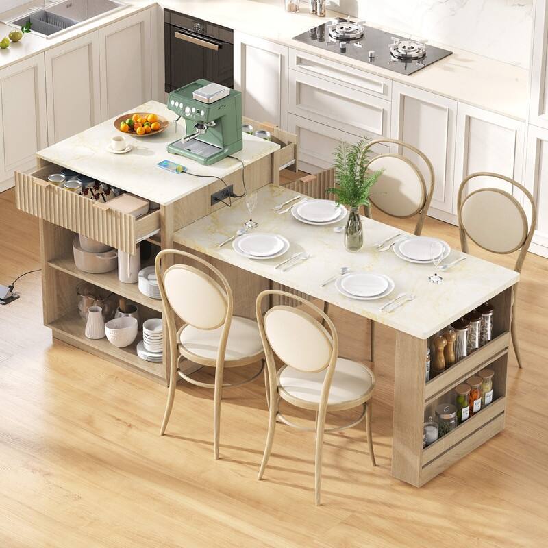 82.6" Fluted Kitchen Island with Extendable Dining Table and Power Outlet for Modern Kitchen Spaces