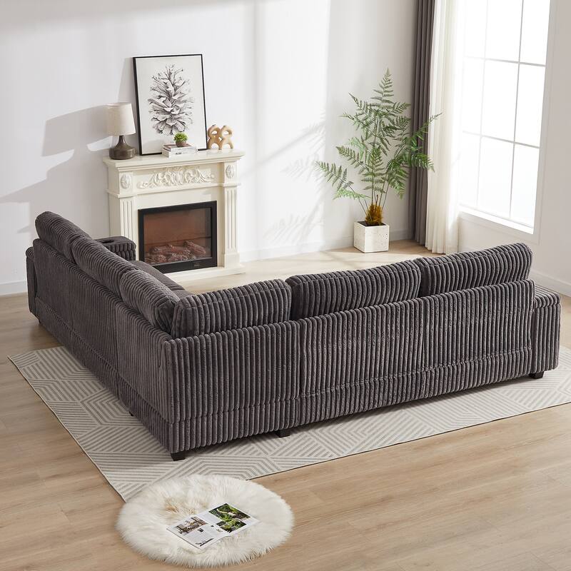 Dark Grey 110" Oversized Corduroy L-Shaped Corner Sectional Sofa with Storage Armrest, Cup Holder, USB & Type-C Ports