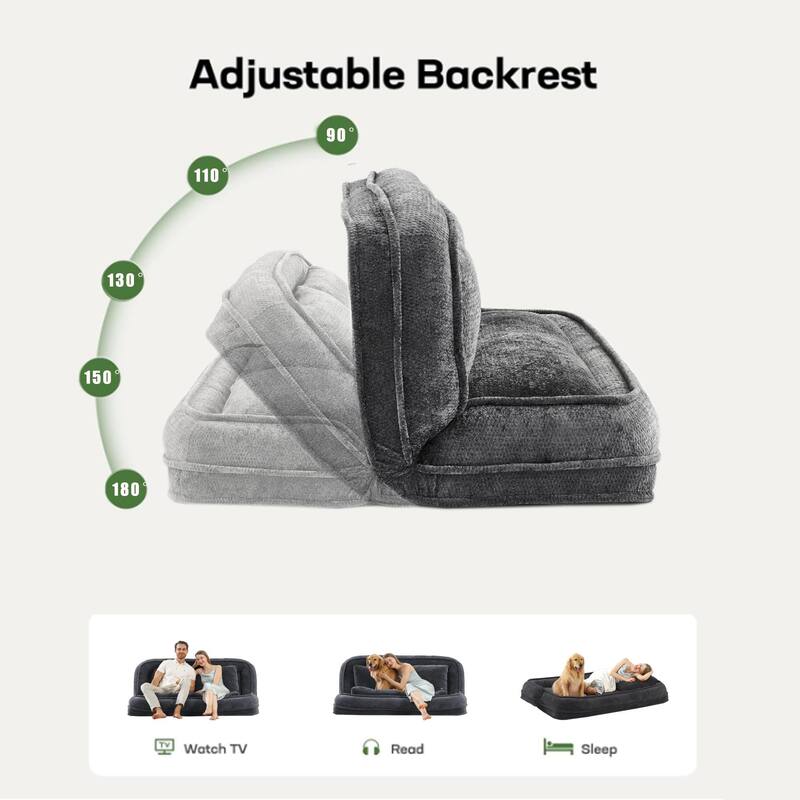 Pet Friendly Lazy Loveseat Sofa 2-in-1 Chenille Floor Couch Double Human Sleeper Bed with 5 Adjustable Position, Plump Pillows