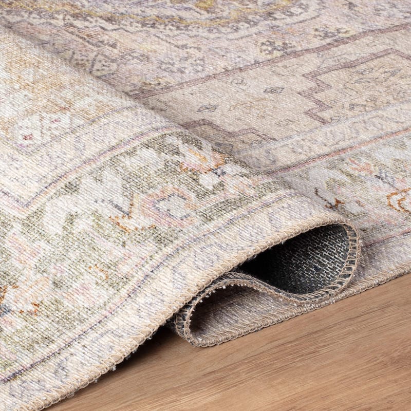 Beige Medallion Flat Pile Washable Rug - Pet Friendly, Non-Slip for Entryway and Bedroom