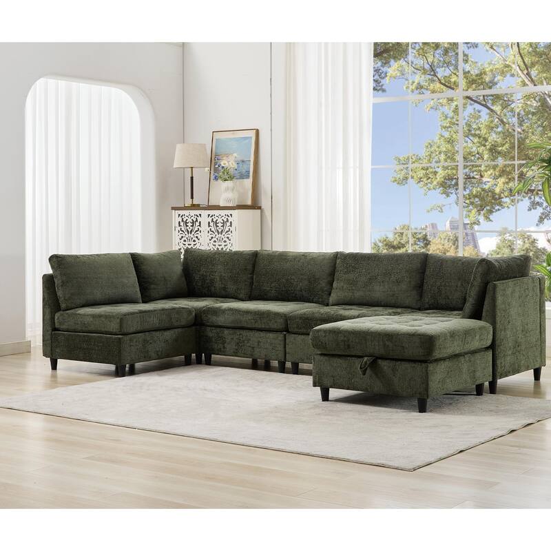 128" Chenille U-Shaped Modular Sectional Sofa with Ottoman