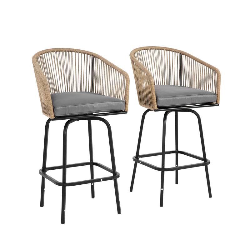 Outdoor Wicker Rattan Barstools with Armrests, Backrest, Set of 2/4 - Grey, Set of 2