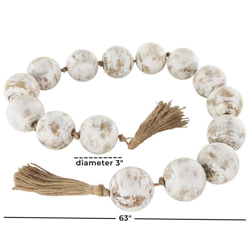 Mango Wood Handmade Round Extra Long Washed Orb Garland with Tassel - Brown, Black or White - Roche River Decor