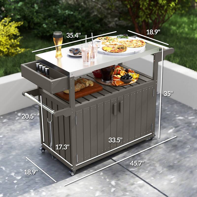 Stainless Steel and HDPE Outdoor Bar Cart with Cabinet, Hooks, and Swivel Casters Mobile Serving Table