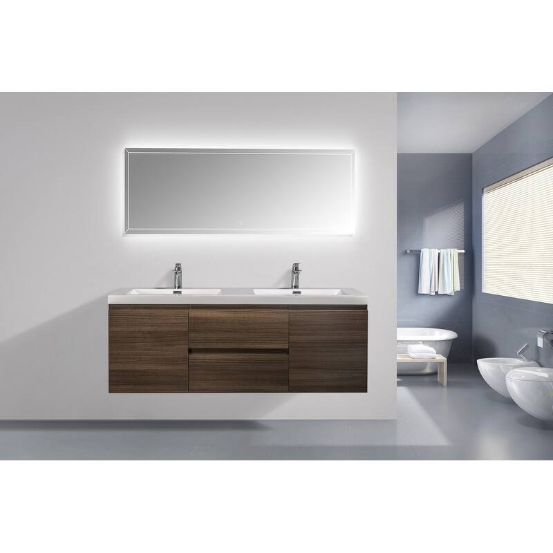 ABRUZZO 60" Floating Bathroom Double Vanity with Integrated Resin Top 2 Basins 2 Cabinets 2 Soft Close Drawers Full Assembly
