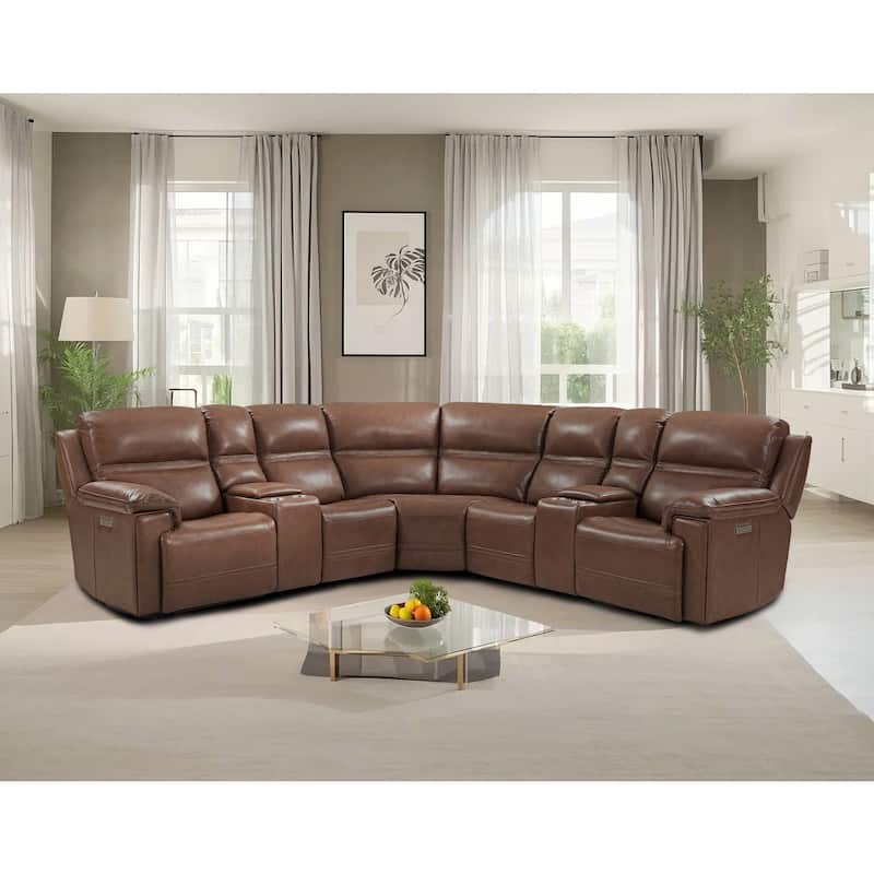 7PCS, 3 power Recliners, Dual-Power Genuine Leather Reclining Sectional with Console, Zero Gravity - LightBrown