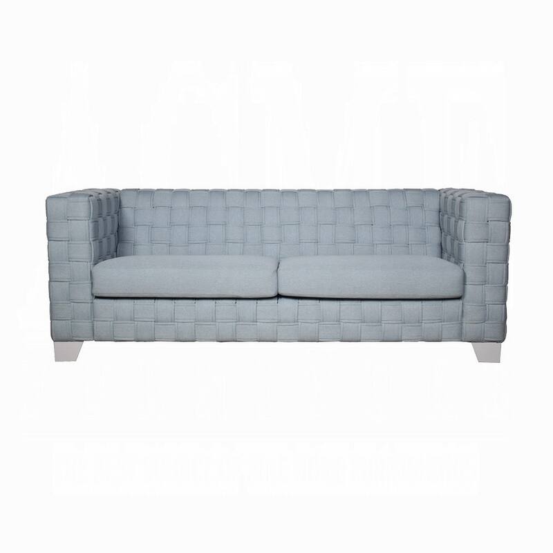 Reah Sofa, Knitted Light Blue Chenille, White Composite Wood, 85 Inch