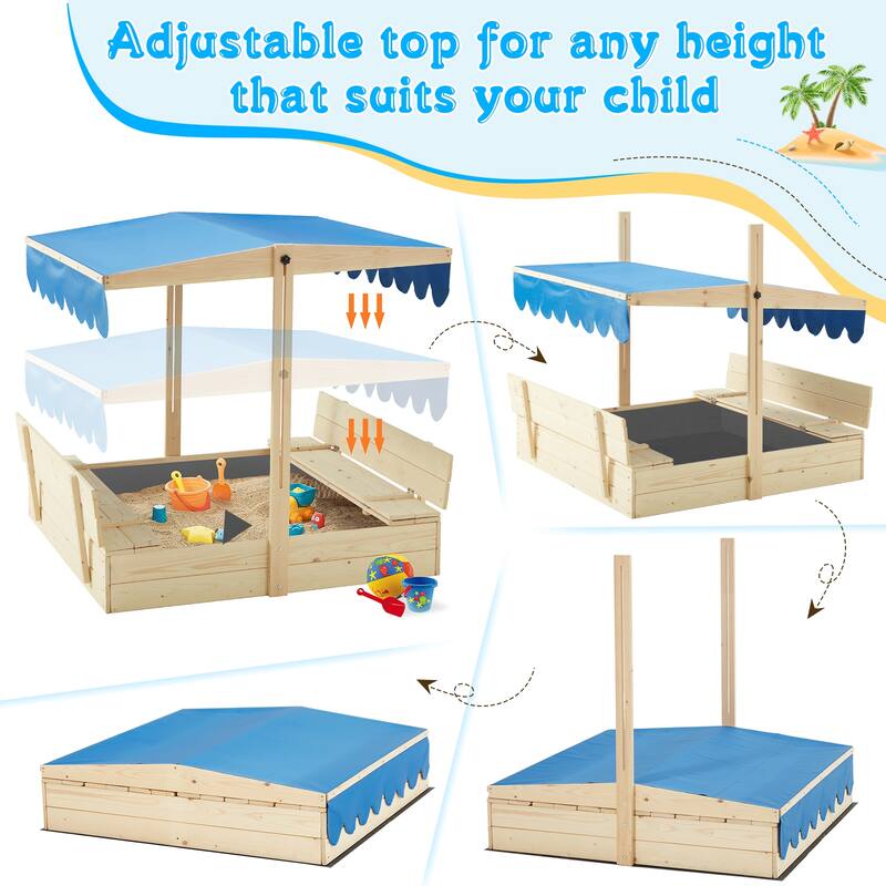EROMMY Kids Wooden Sandbox with 2 Foldable Bench Seats and Adjustable Canopy Roof