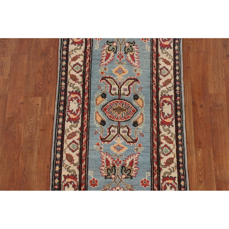 Light Blue Kazak Oriental Runner Rug Hallway Handmade Wool Carpet - 2'1" x 5'7"